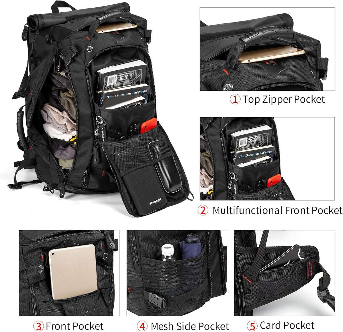 Large Capacity For Travel Hiking Sports Carry On Backpack Durable Convertible Duffle Bag Laptop airplane (black, 60L-Large)