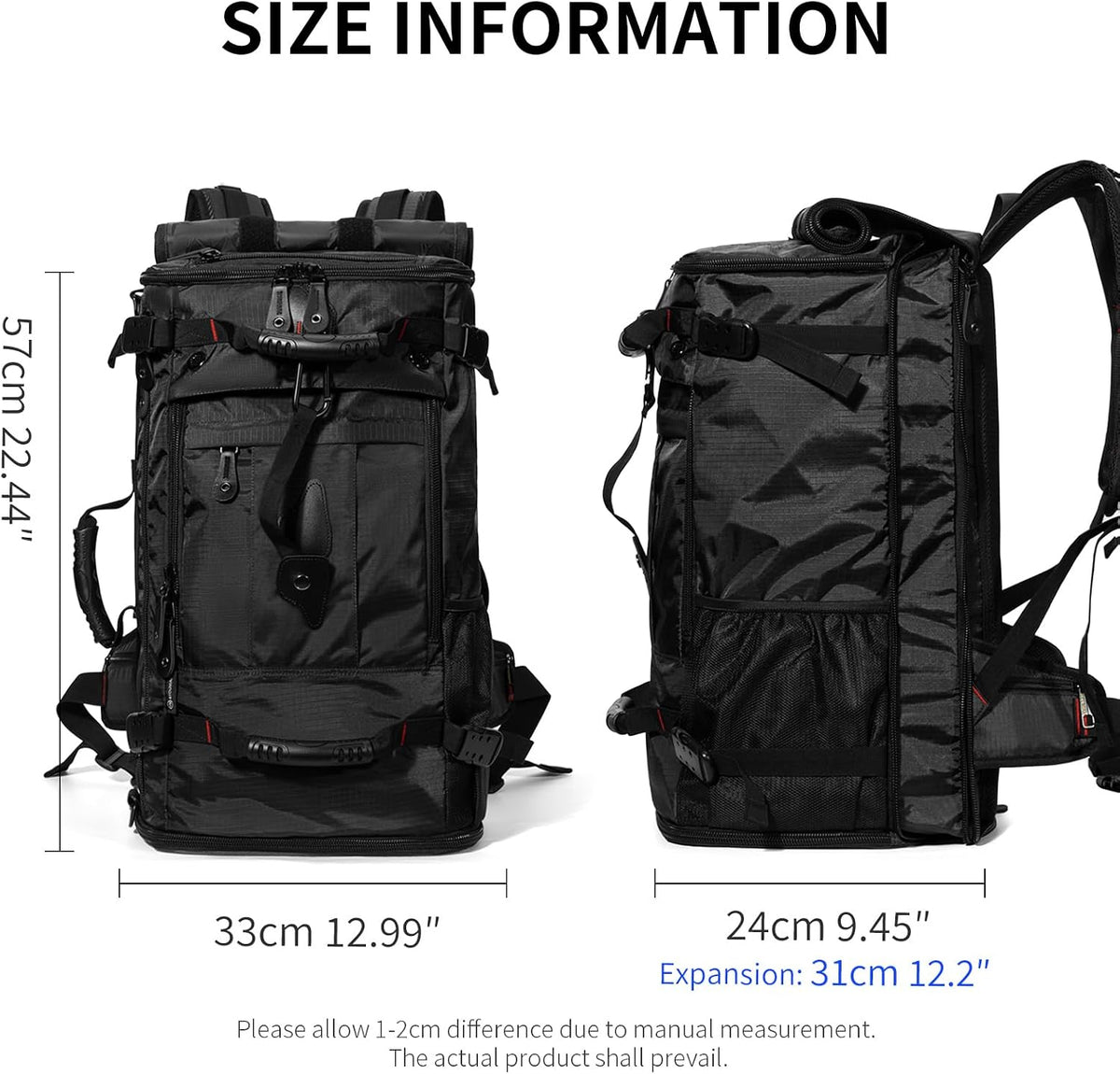 Large Capacity For Travel Hiking Sports Carry On Backpack Durable Convertible Duffle Bag Laptop airplane (black, 60L-Large)
