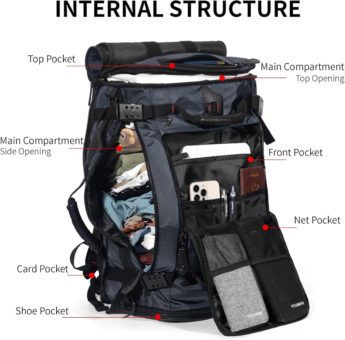 Large Capacity For Travel Hiking Sports Carry On Backpack Durable Convertible Duffle Bag Laptop airplane (black, 60L-Large)