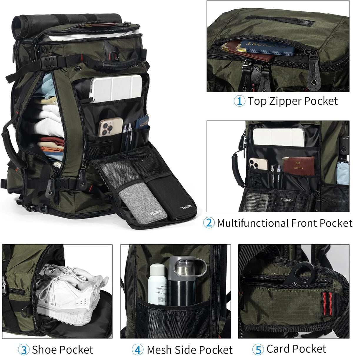 Large Capacity For Travel Hiking Sports Carry On Backpack Durable Convertible Duffle Bag Laptop airplane (black, 60L-Large)