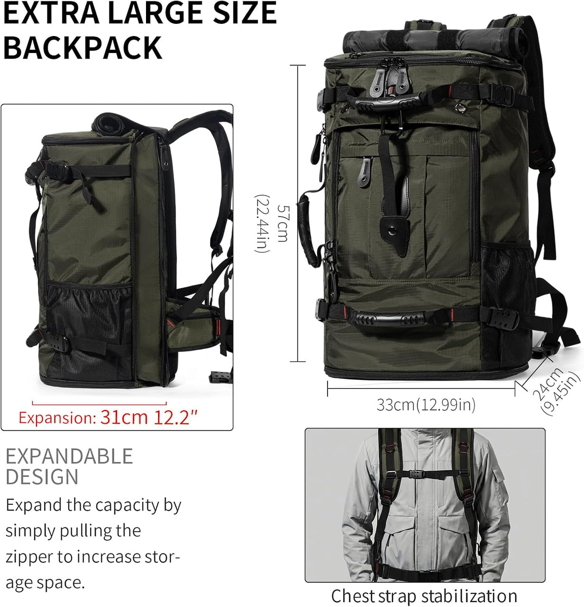 Large Capacity For Travel Hiking Sports Carry On Backpack Durable Convertible Duffle Bag Laptop airplane (black, 60L-Large)