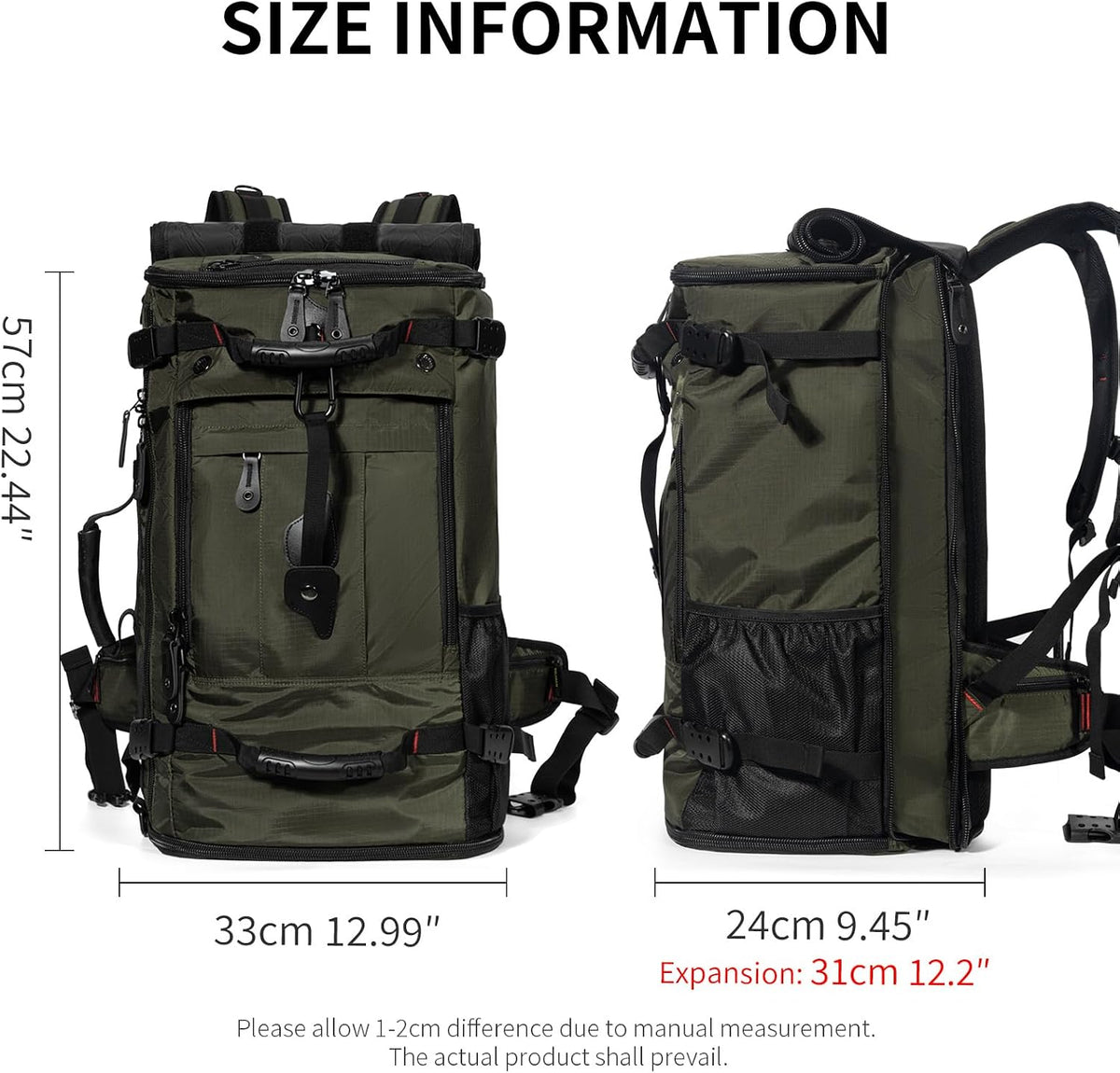 Large Capacity For Travel Hiking Sports Carry On Backpack Durable Convertible Duffle Bag Laptop airplane (black, 60L-Large)