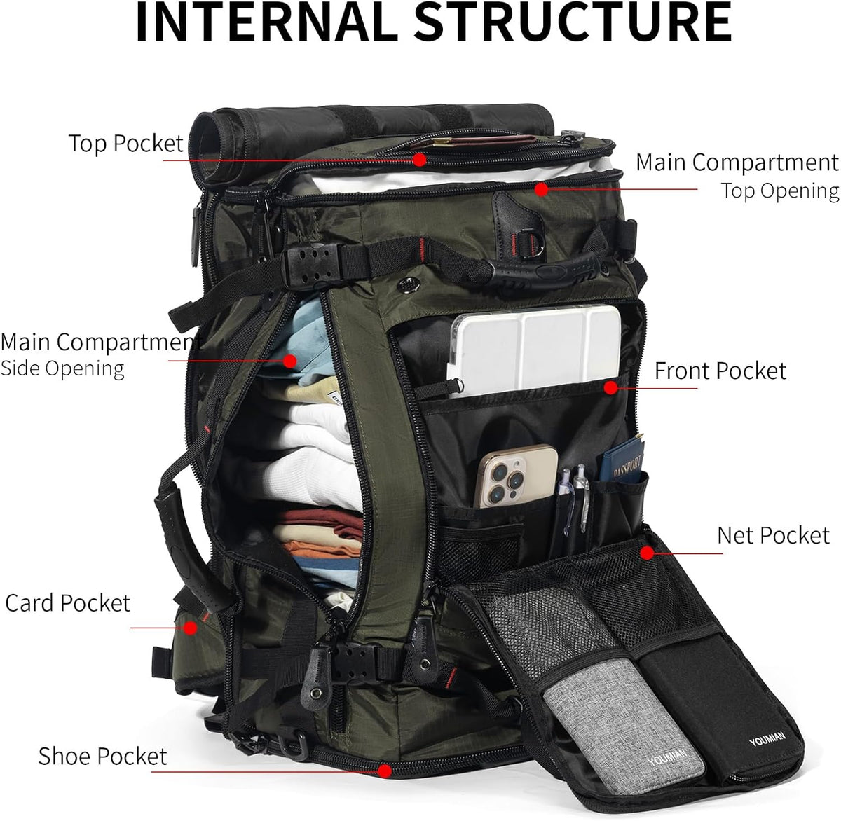 Large Capacity For Travel Hiking Sports Carry On Backpack Durable Convertible Duffle Bag Laptop airplane (black, 60L-Large)