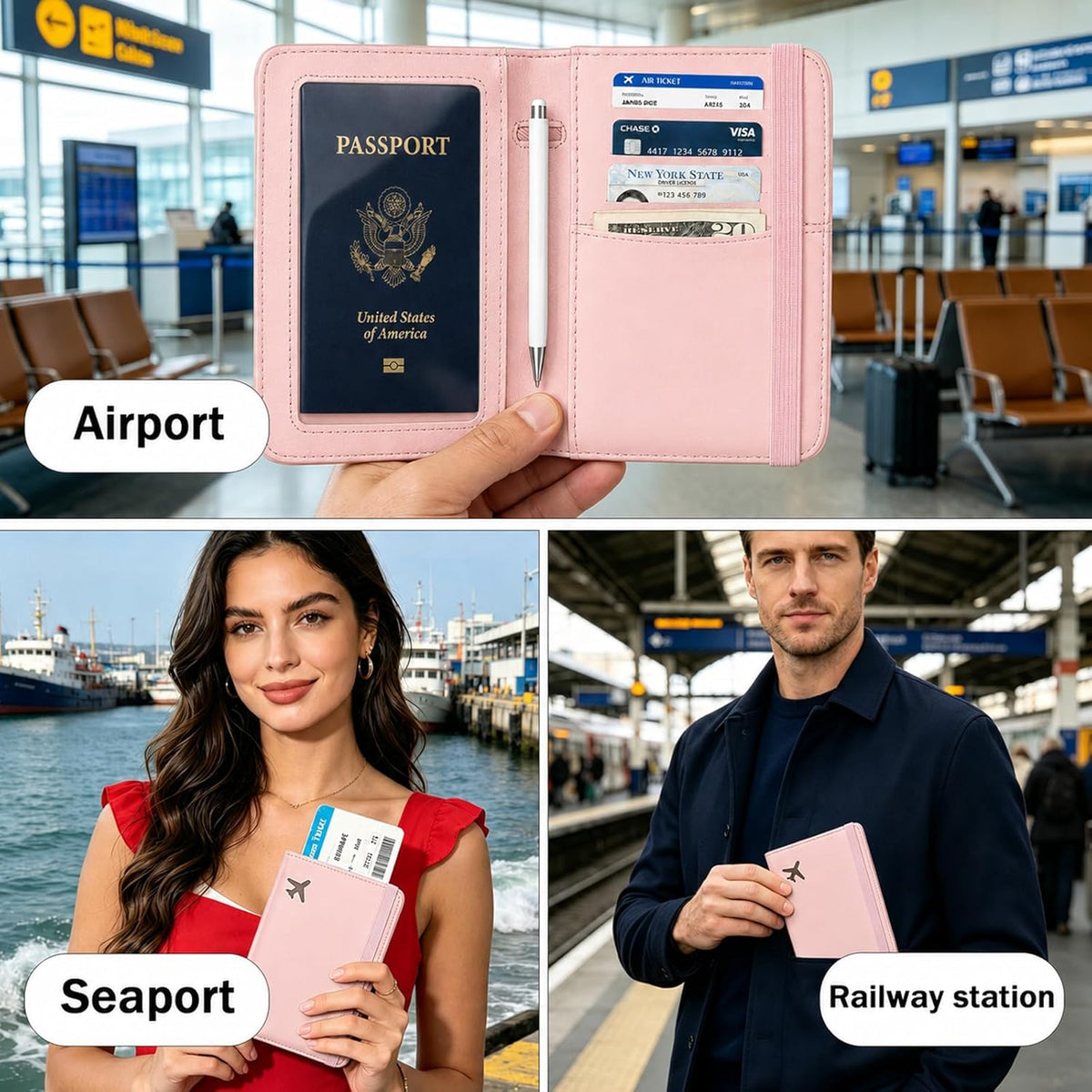 RFID Blocking Passport Holder for Travel – PU Leather Waterproof Lightweight Passport Cover Wallet for Women Men, Travel Organizer with Card Slots for Airline Tickets & Passport Book, Purple