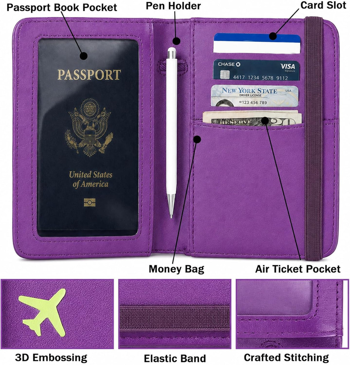 RFID Blocking Passport Holder for Travel – PU Leather Waterproof Lightweight Passport Cover Wallet for Women Men, Travel Organizer with Card Slots for Airline Tickets & Passport Book, Purple