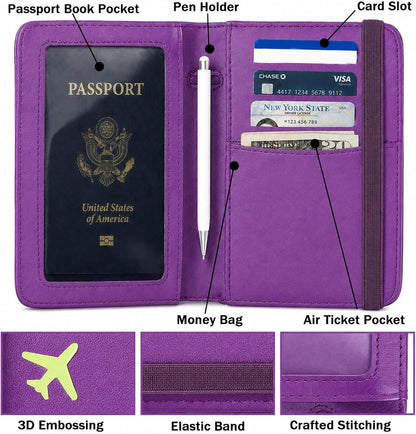 RFID Blocking Passport Holder for Travel – PU Leather Waterproof Lightweight Passport Cover Wallet for Women Men, Travel Organizer with Card Slots for Airline Tickets & Passport Book, Purple