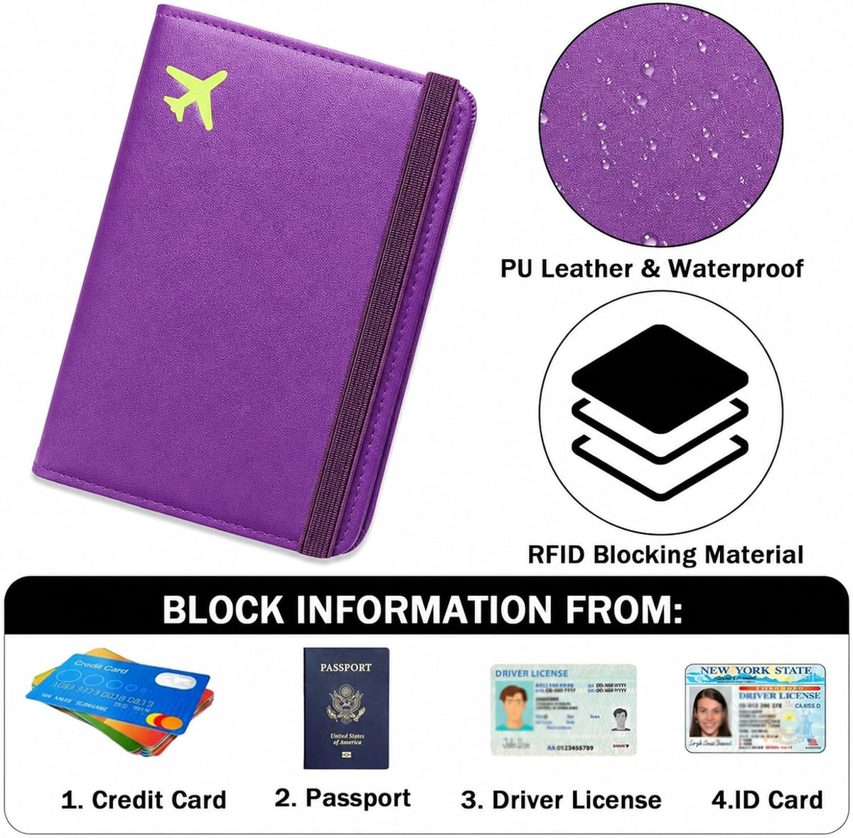 RFID Blocking Passport Holder for Travel – PU Leather Waterproof Lightweight Passport Cover Wallet for Women Men, Travel Organizer with Card Slots for Airline Tickets & Passport Book, Purple