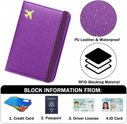 RFID Blocking Passport Holder for Travel – PU Leather Waterproof Lightweight Passport Cover Wallet for Women Men, Travel Organizer with Card Slots for Airline Tickets & Passport Book, Purple