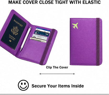 RFID Blocking Passport Holder for Travel – PU Leather Waterproof Lightweight Passport Cover Wallet for Women Men, Travel Organizer with Card Slots for Airline Tickets & Passport Book, Purple