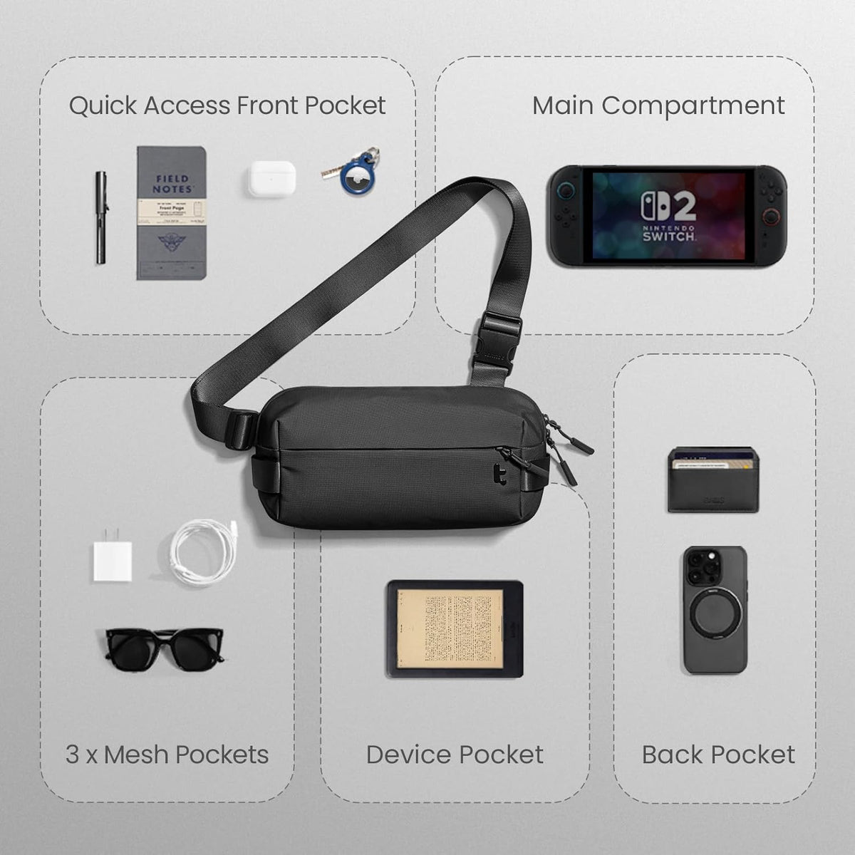 Compact EDC Sling Bag 3L-10L, Minimalist Crossbody Bag Chest Shoulder Pack for Men Women, X-pac/Recycled Polyester