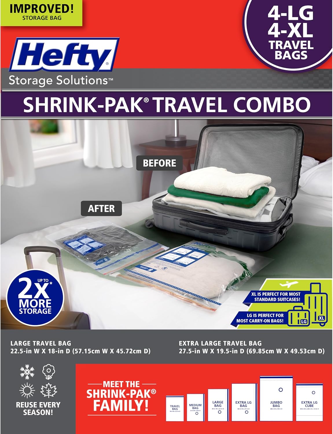 Shrink-Pak Large Travel Bags - Airtight Storage Bags for Maximum Space Saving, Travel Essentials, Ideal for Packing, Durable, Reliable Compression with Sealed Protection
