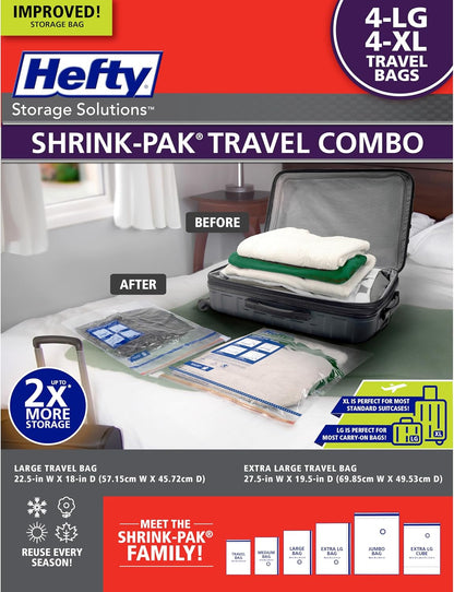 Shrink-Pak Large Travel Bags - Airtight Storage Bags for Maximum Space Saving, Travel Essentials, Ideal for Packing, Durable, Reliable Compression with Sealed Protection