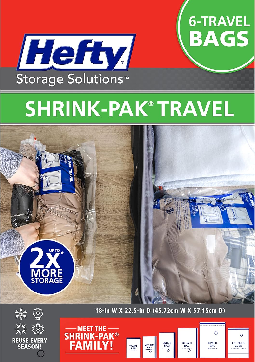 Shrink-Pak Large Travel Bags - Airtight Storage Bags for Maximum Space Saving, Travel Essentials, Ideal for Packing, Durable, Reliable Compression with Sealed Protection