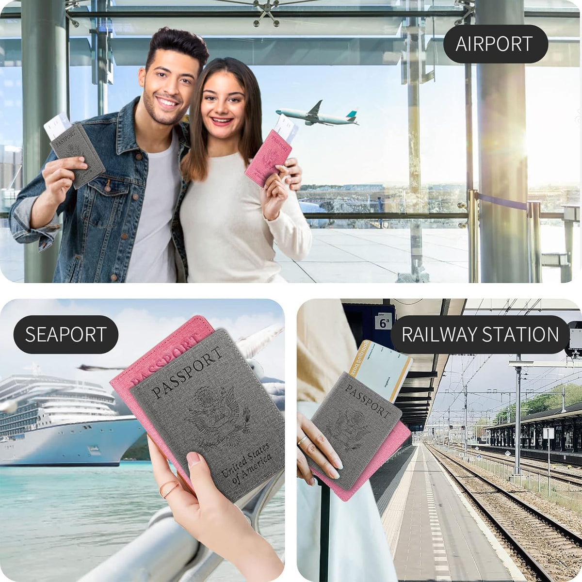 Passport Cover With Card Slots RFID Blocking-White&Black | PU Leather Lightweight slim travel passport cover wallet with 4pcs RFID Blocking Credit/ID card slots