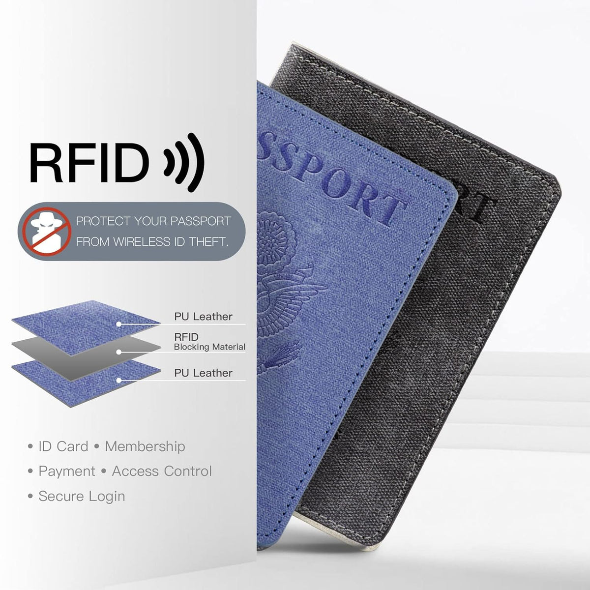 Passport Cover With Card Slots RFID Blocking-White&Black | PU Leather Lightweight slim travel passport cover wallet with 4pcs RFID Blocking Credit/ID card slots