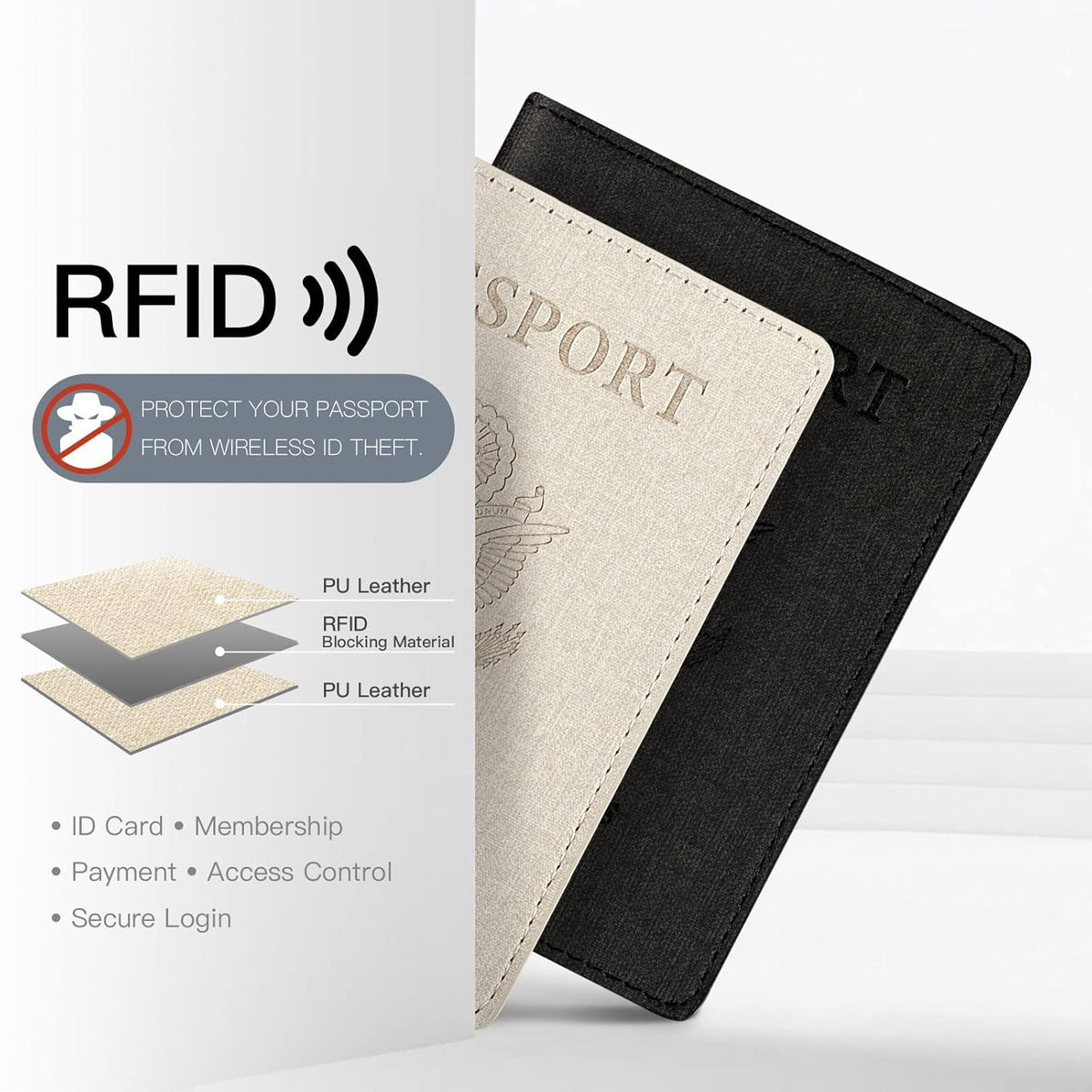 Passport Cover With Card Slots RFID Blocking-White&Black | PU Leather Lightweight slim travel passport cover wallet with 4pcs RFID Blocking Credit/ID card slots