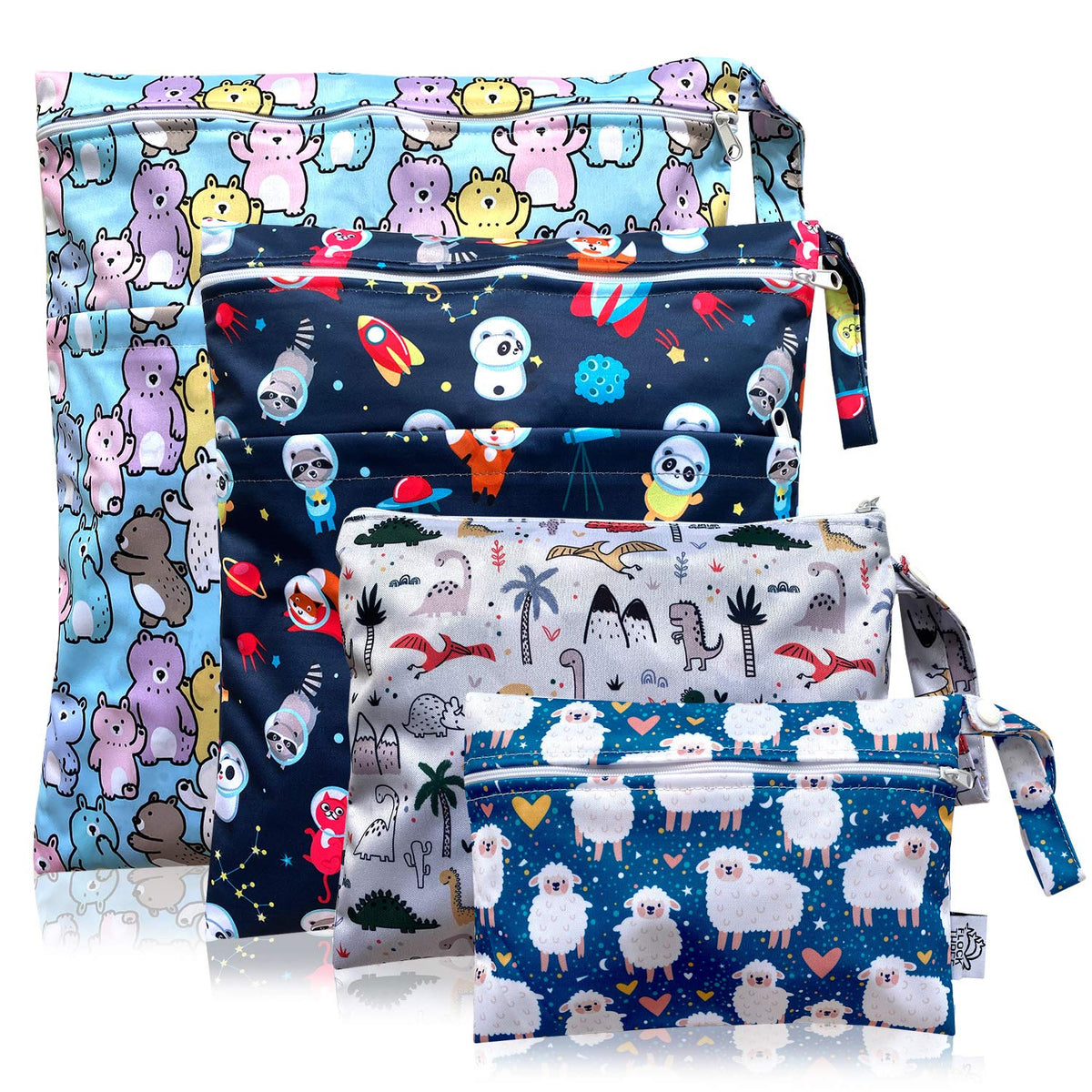4pcs Waterproof Wet Bag Reusable for Wet Clothes Baby Diapers Stroller Swimsuit Travel Reusable toiletries Pouch Small and Larger Electronics case 4 Pack (Blue Sky)