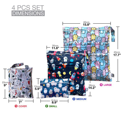 4pcs Waterproof Wet Bag Reusable for Wet Clothes Baby Diapers Stroller Swimsuit Travel Reusable toiletries Pouch Small and Larger Electronics case 4 Pack (Blue Sky)