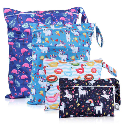 4pcs Waterproof Wet Bag Reusable for Wet Clothes Baby Diapers Stroller Swimsuit Travel Reusable toiletries Pouch Small and Larger Electronics case 4 Pack (Blue Sky)