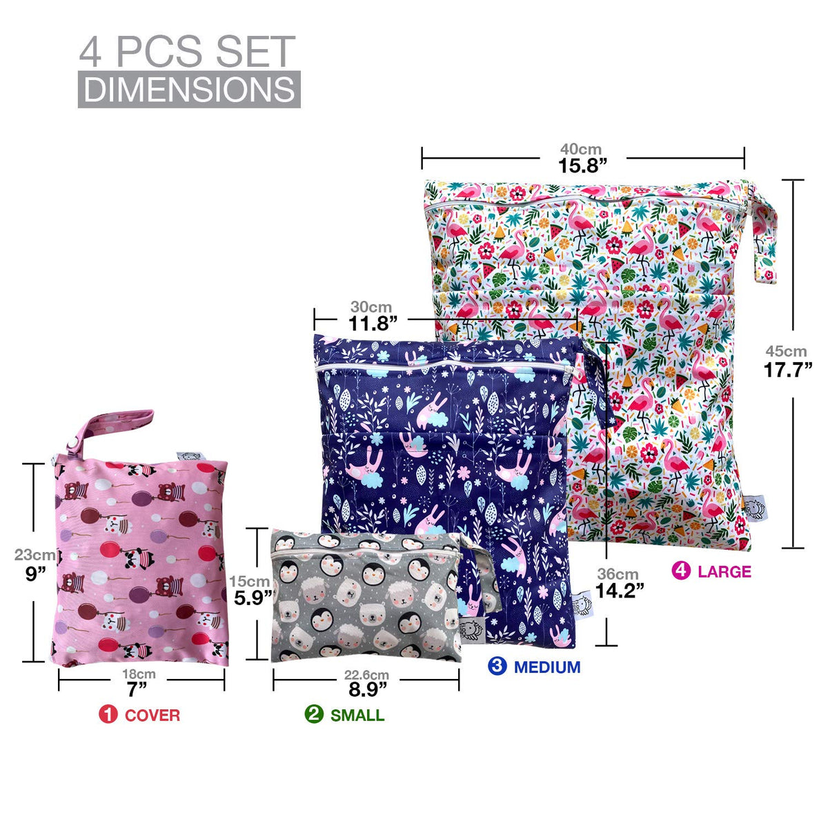 4pcs Waterproof Wet Bag Reusable for Wet Clothes Baby Diapers Stroller Swimsuit Travel Reusable toiletries Pouch Small and Larger Electronics case 4 Pack (Blue Sky)