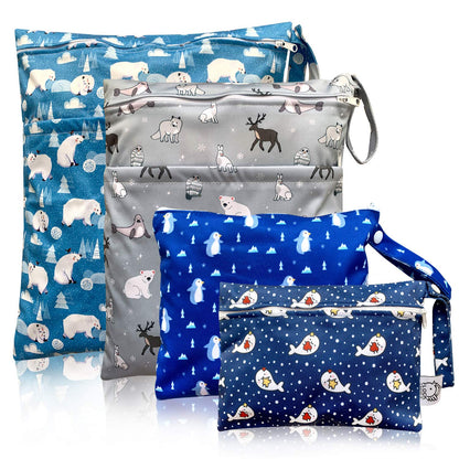 4pcs Waterproof Wet Bag Reusable for Wet Clothes Baby Diapers Stroller Swimsuit Travel Reusable toiletries Pouch Small and Larger Electronics case 4 Pack (Blue Sky)