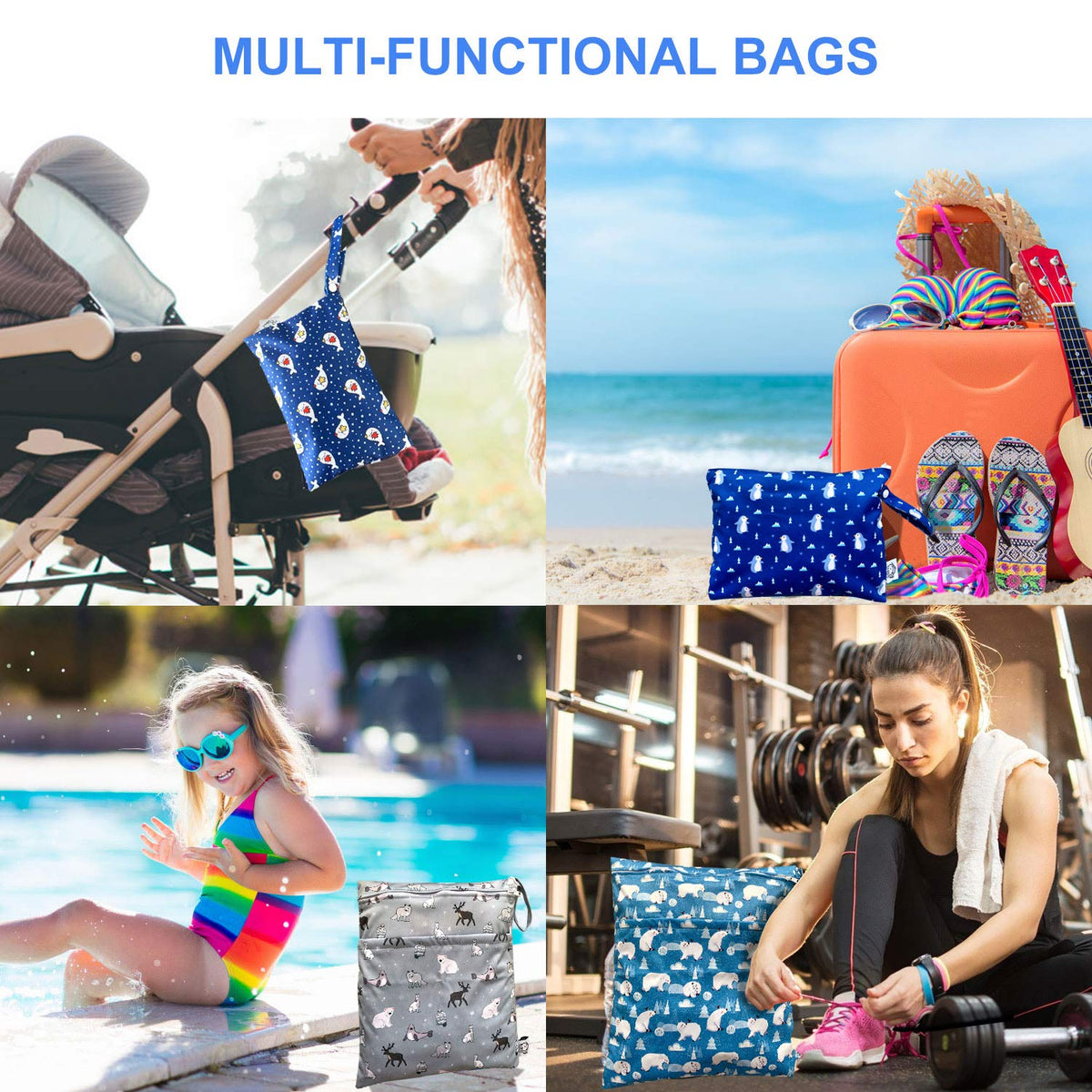 4pcs Waterproof Wet Bag Reusable for Wet Clothes Baby Diapers Stroller Swimsuit Travel Reusable toiletries Pouch Small and Larger Electronics case 4 Pack (Blue Sky)