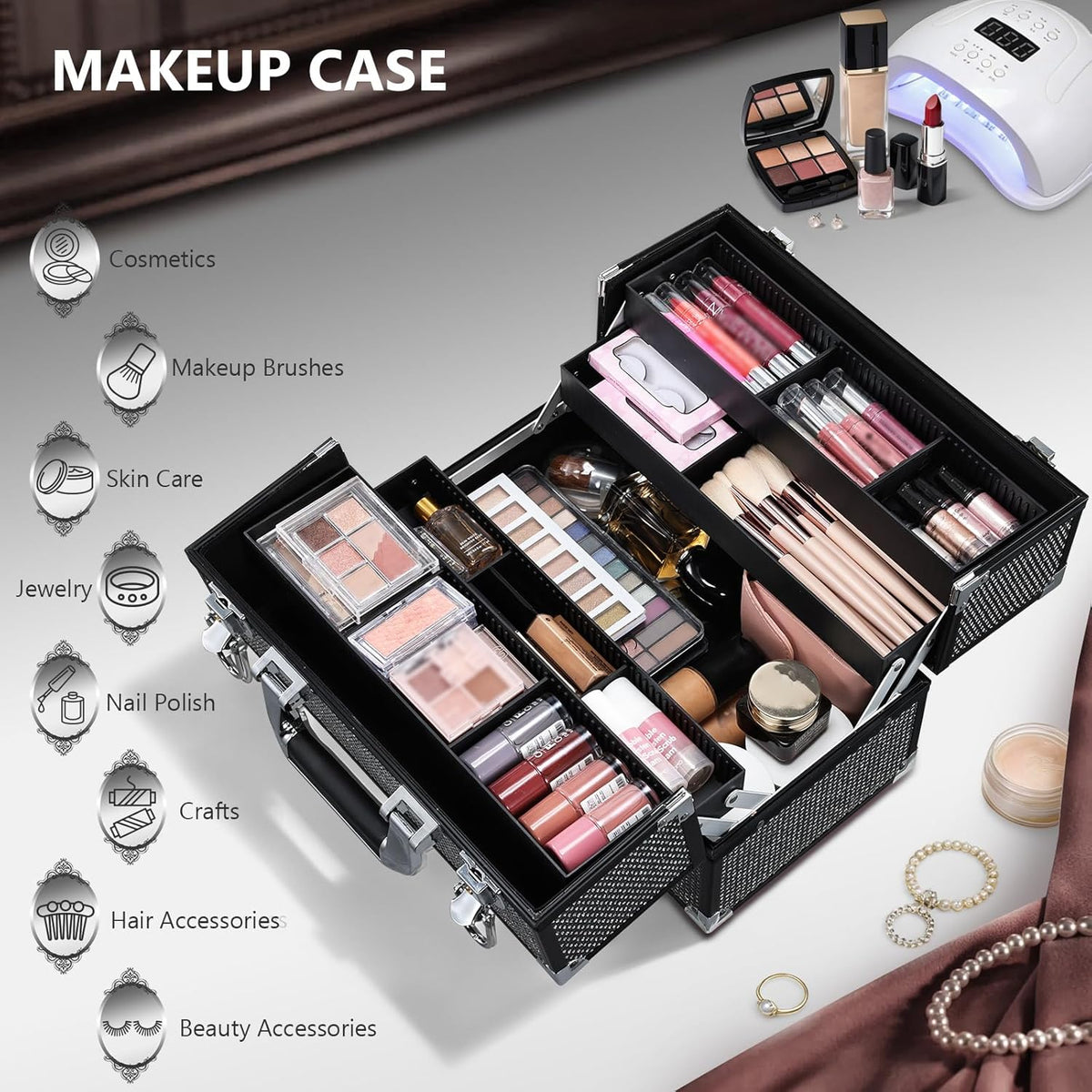 12.6 Inch Large Makeup Train Case, Professional 4 Trays Cosmetic Cases Makeup Storage Organizer Box Beauty Make Up Box with Lock&Adjustable Compartments for Nail, Accessories, Skincare, Black