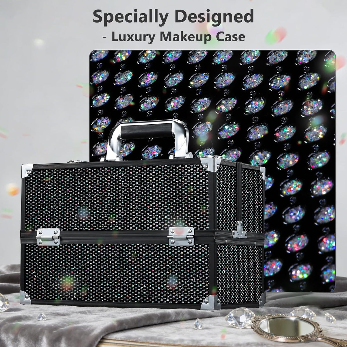 12.6 Inch Large Makeup Train Case, Professional 4 Trays Cosmetic Cases Makeup Storage Organizer Box Beauty Make Up Box with Lock&Adjustable Compartments for Nail, Accessories, Skincare, Black