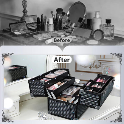 12.6 Inch Large Makeup Train Case, Professional 4 Trays Cosmetic Cases Makeup Storage Organizer Box Beauty Make Up Box with Lock&Adjustable Compartments for Nail, Accessories, Skincare, Black