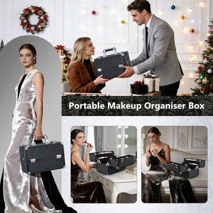 12.6 Inch Large Makeup Train Case, Professional 4 Trays Cosmetic Cases Makeup Storage Organizer Box Beauty Make Up Box with Lock&Adjustable Compartments for Nail, Accessories, Skincare, Black
