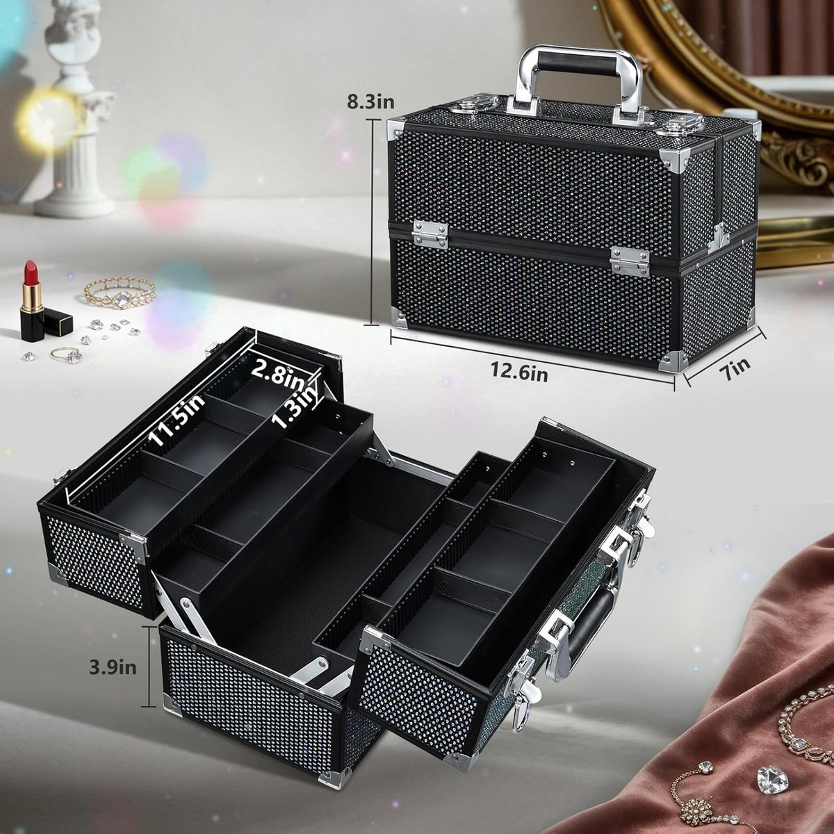 12.6 Inch Large Makeup Train Case, Professional 4 Trays Cosmetic Cases Makeup Storage Organizer Box Beauty Make Up Box with Lock&Adjustable Compartments for Nail, Accessories, Skincare, Black