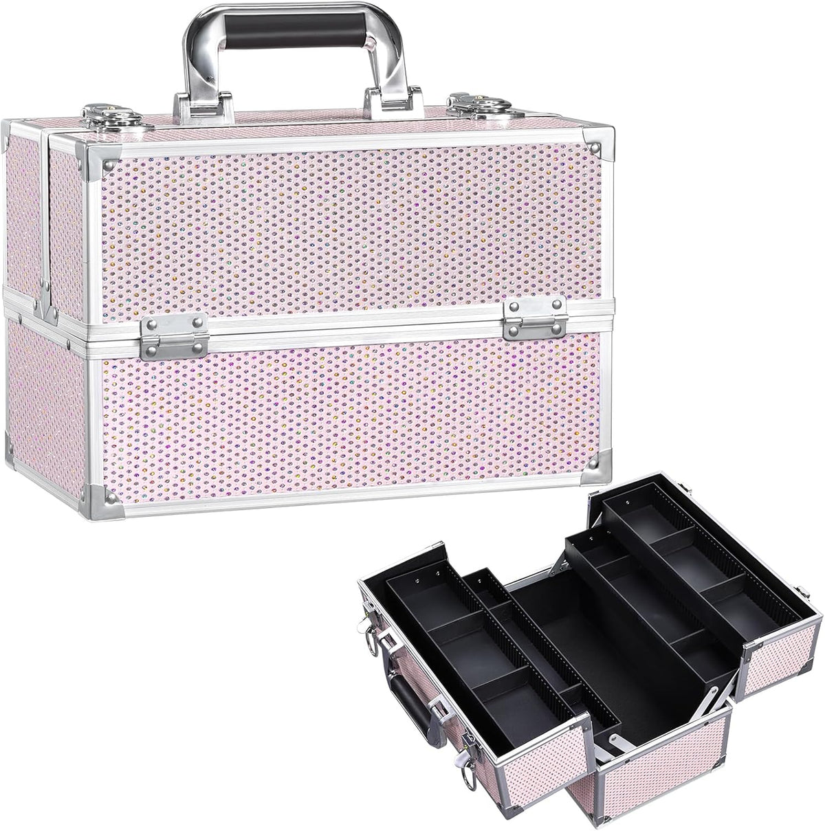 12.6 Inch Large Makeup Train Case, Professional 4 Trays Cosmetic Cases Makeup Storage Organizer Box Beauty Make Up Box with Lock&Adjustable Compartments for Nail, Accessories, Skincare, Black