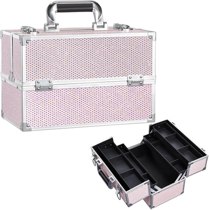 12.6 Inch Large Makeup Train Case, Professional 4 Trays Cosmetic Cases Makeup Storage Organizer Box Beauty Make Up Box with Lock&Adjustable Compartments for Nail, Accessories, Skincare, Black