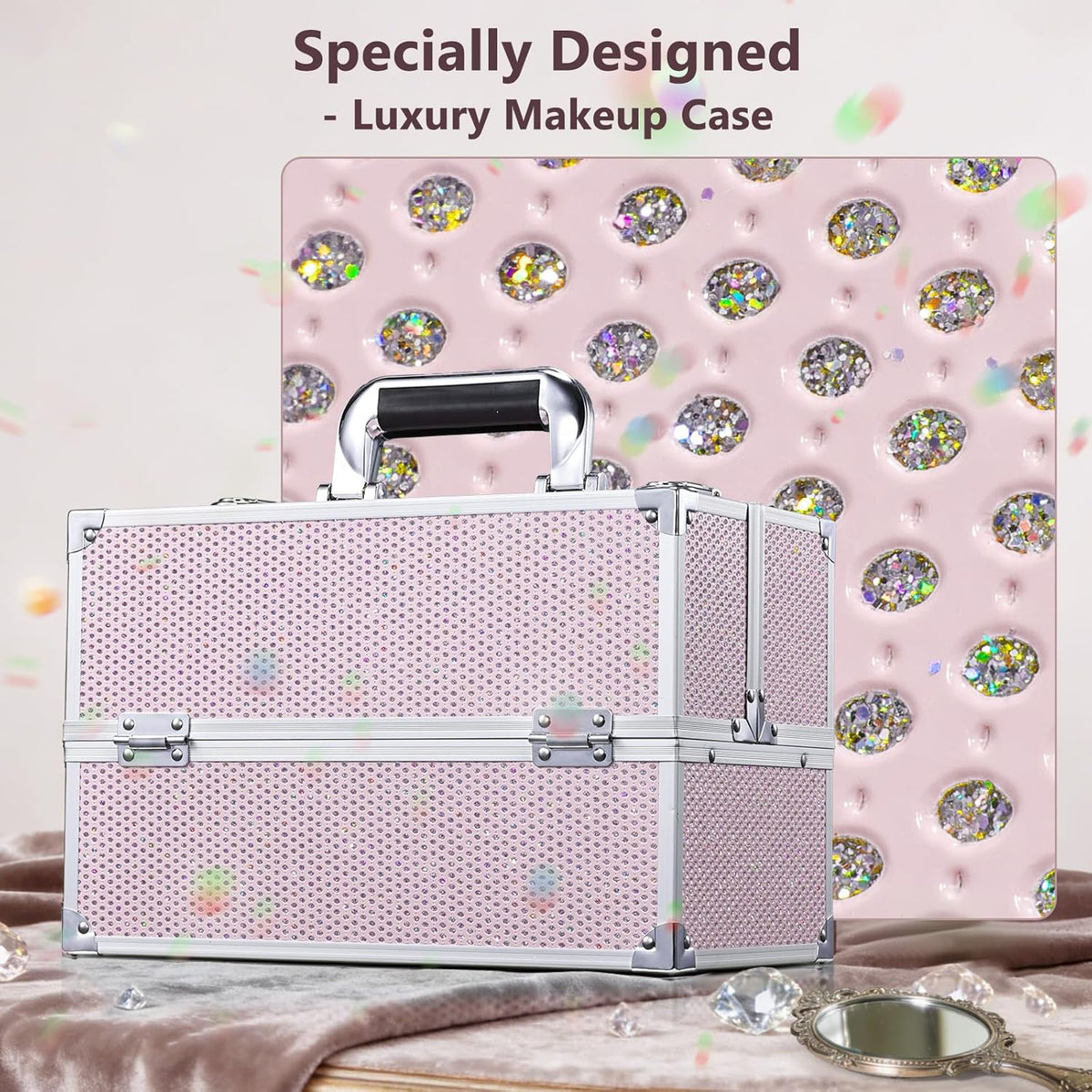 12.6 Inch Large Makeup Train Case, Professional 4 Trays Cosmetic Cases Makeup Storage Organizer Box Beauty Make Up Box with Lock&Adjustable Compartments for Nail, Accessories, Skincare, Black