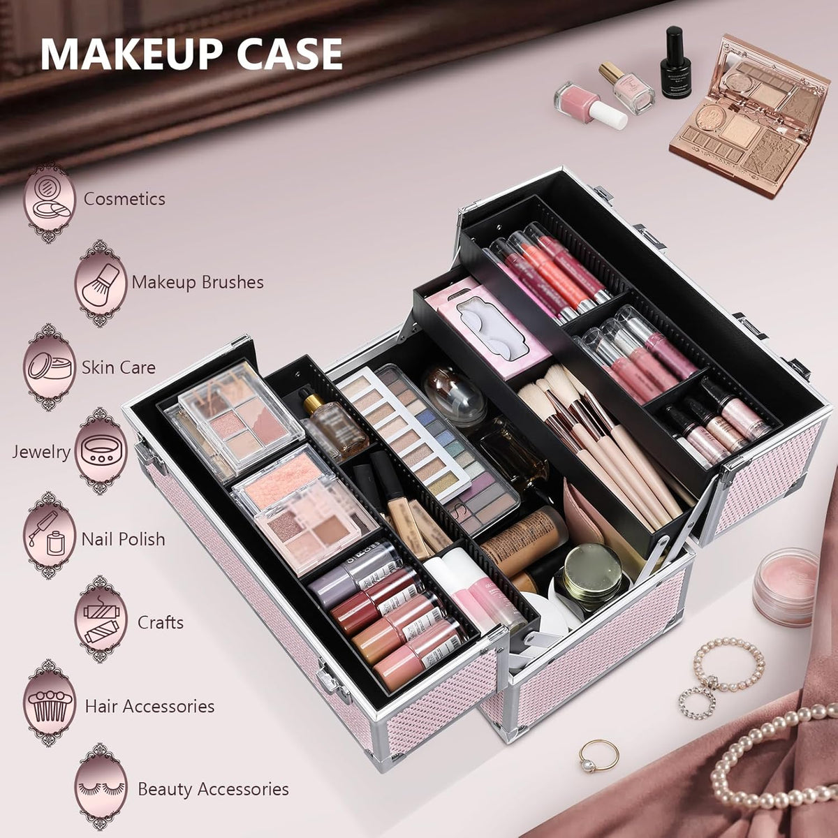 12.6 Inch Large Makeup Train Case, Professional 4 Trays Cosmetic Cases Makeup Storage Organizer Box Beauty Make Up Box with Lock&Adjustable Compartments for Nail, Accessories, Skincare, Black