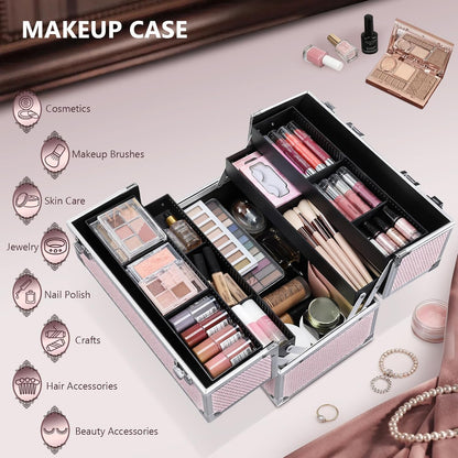 12.6 Inch Large Makeup Train Case, Professional 4 Trays Cosmetic Cases Makeup Storage Organizer Box Beauty Make Up Box with Lock&Adjustable Compartments for Nail, Accessories, Skincare, Black