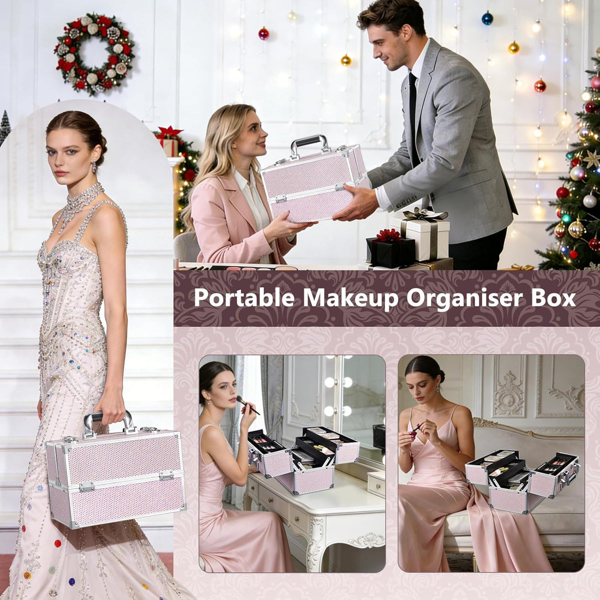 12.6 Inch Large Makeup Train Case, Professional 4 Trays Cosmetic Cases Makeup Storage Organizer Box Beauty Make Up Box with Lock&Adjustable Compartments for Nail, Accessories, Skincare, Black