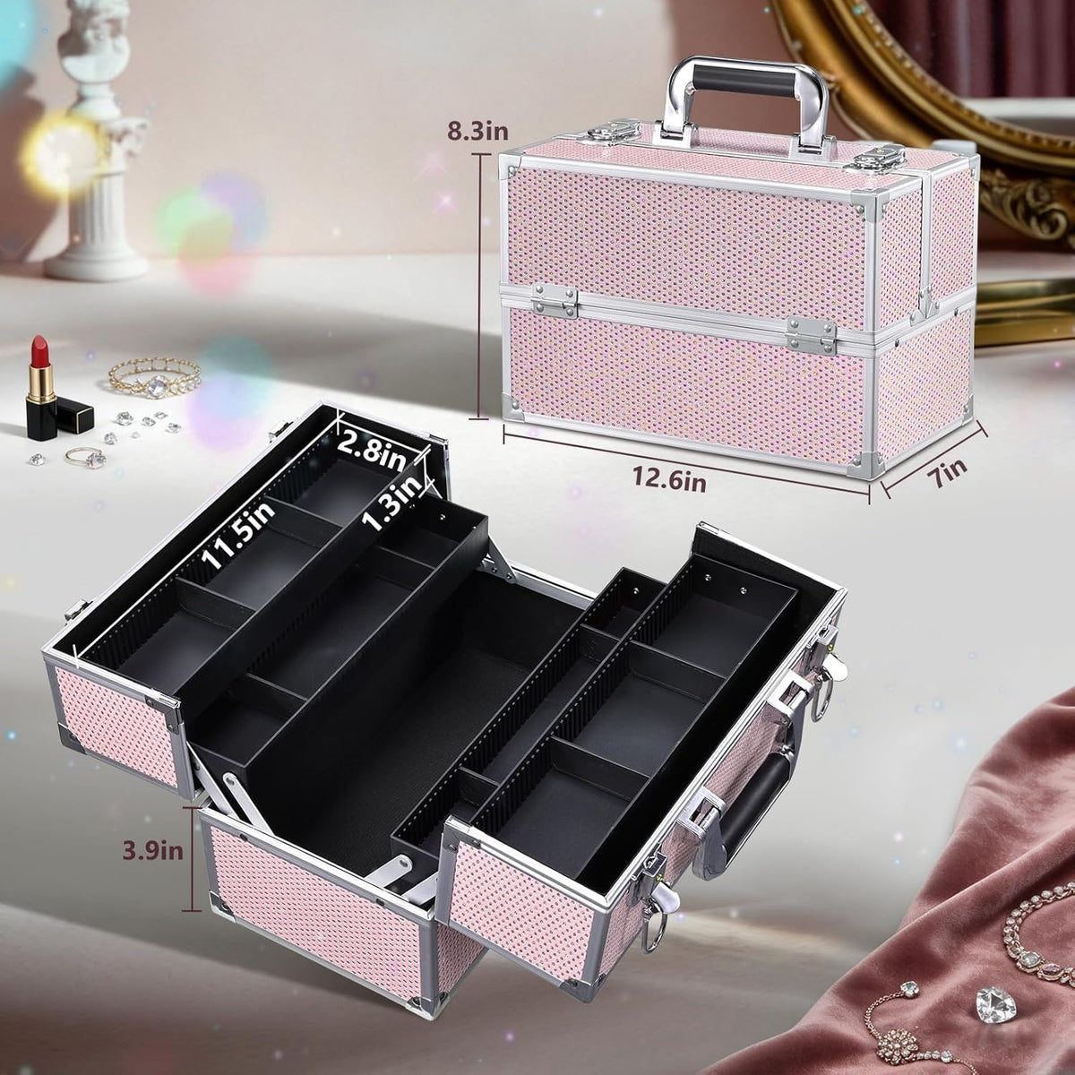 12.6 Inch Large Makeup Train Case, Professional 4 Trays Cosmetic Cases Makeup Storage Organizer Box Beauty Make Up Box with Lock&Adjustable Compartments for Nail, Accessories, Skincare, Black