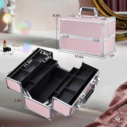 12.6 Inch Large Makeup Train Case, Professional 4 Trays Cosmetic Cases Makeup Storage Organizer Box Beauty Make Up Box with Lock&Adjustable Compartments for Nail, Accessories, Skincare, Black