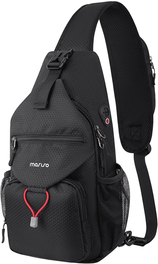 Crossbody Sling Bag for Men, Sling Backpack Travel Hiking Daypack, Casual Shoulder Honeycomb Bags Small Cross Body Chest Bag Daypack with 2 Front Pockets for Outdoor Casual Commuting, Black