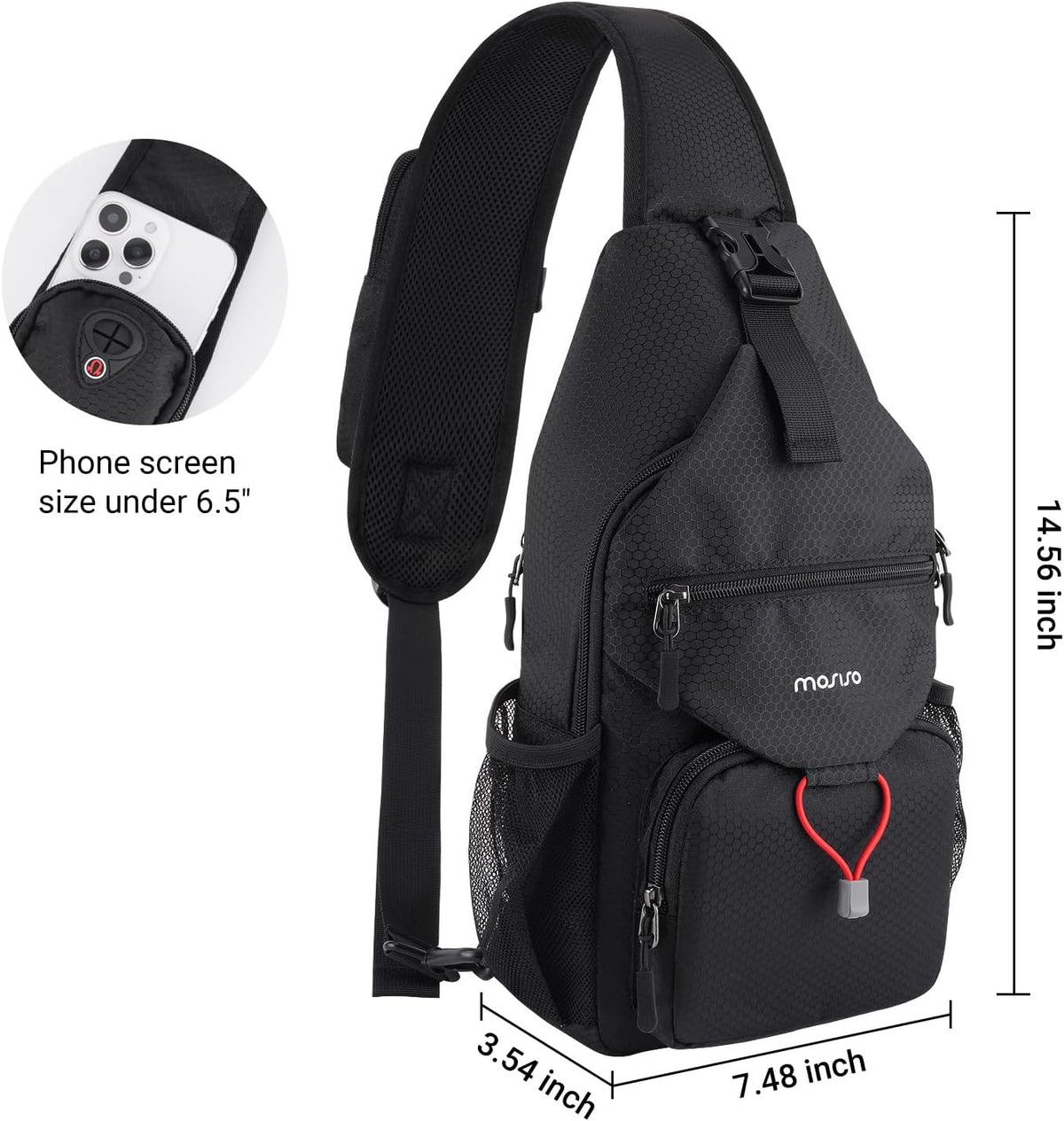 Crossbody Sling Bag for Men, Sling Backpack Travel Hiking Daypack, Casual Shoulder Honeycomb Bags Small Cross Body Chest Bag Daypack with 2 Front Pockets for Outdoor Casual Commuting, Black