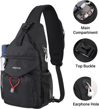 Crossbody Sling Bag for Men, Sling Backpack Travel Hiking Daypack, Casual Shoulder Honeycomb Bags Small Cross Body Chest Bag Daypack with 2 Front Pockets for Outdoor Casual Commuting, Black