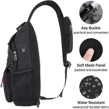 Crossbody Sling Bag for Men, Sling Backpack Travel Hiking Daypack, Casual Shoulder Honeycomb Bags Small Cross Body Chest Bag Daypack with 2 Front Pockets for Outdoor Casual Commuting, Black