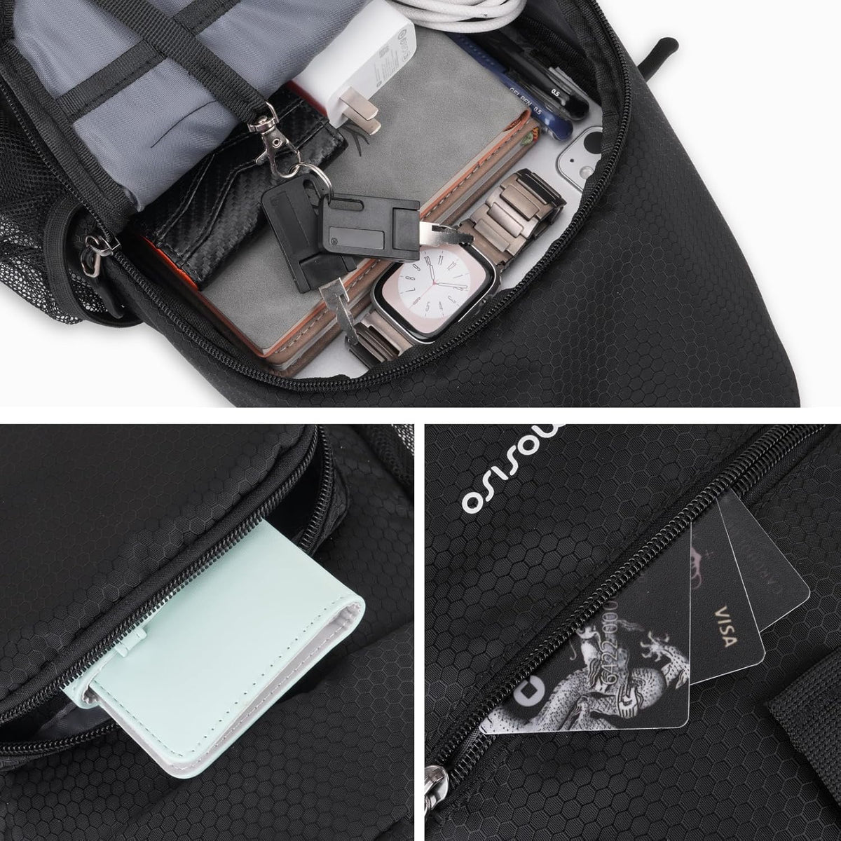 Crossbody Sling Bag for Men, Sling Backpack Travel Hiking Daypack, Casual Shoulder Honeycomb Bags Small Cross Body Chest Bag Daypack with 2 Front Pockets for Outdoor Casual Commuting, Black