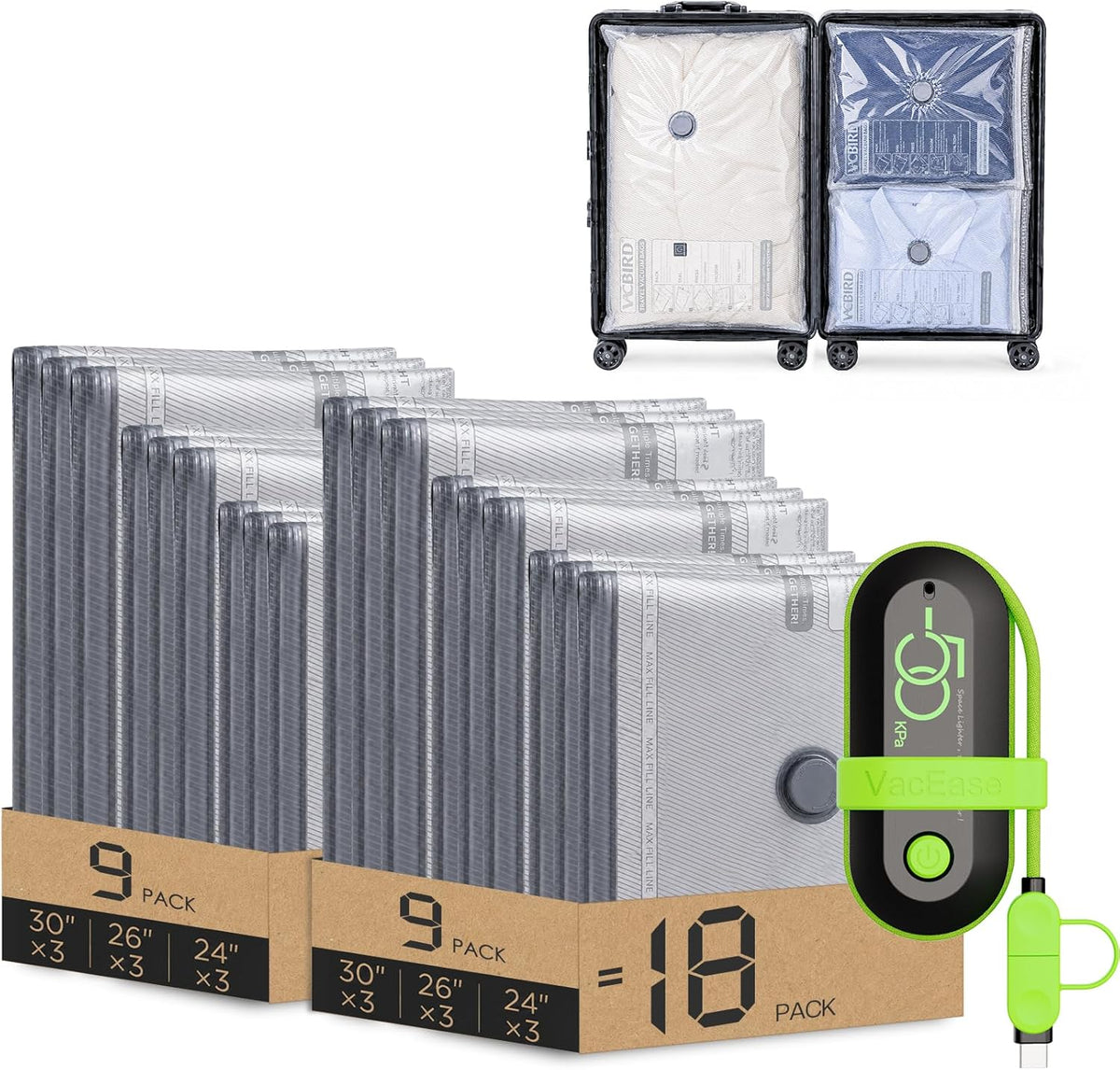 Vacuum Bags for Travel with USB Pump, Carry-on Size Compression Packing for Luggage and Suitcase, Space Saver Bags for Clothes and Clothing Travel