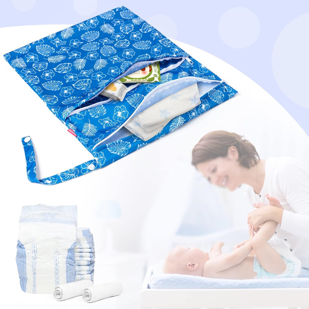 2 Pcs Wet Dry Bag for Cloth Diaper, Swimsuit, Clothes, Water-Resistant Reusable Wet Bag for Travel, Exercise, Beach, Pool, Daycare, Spiral Flowers