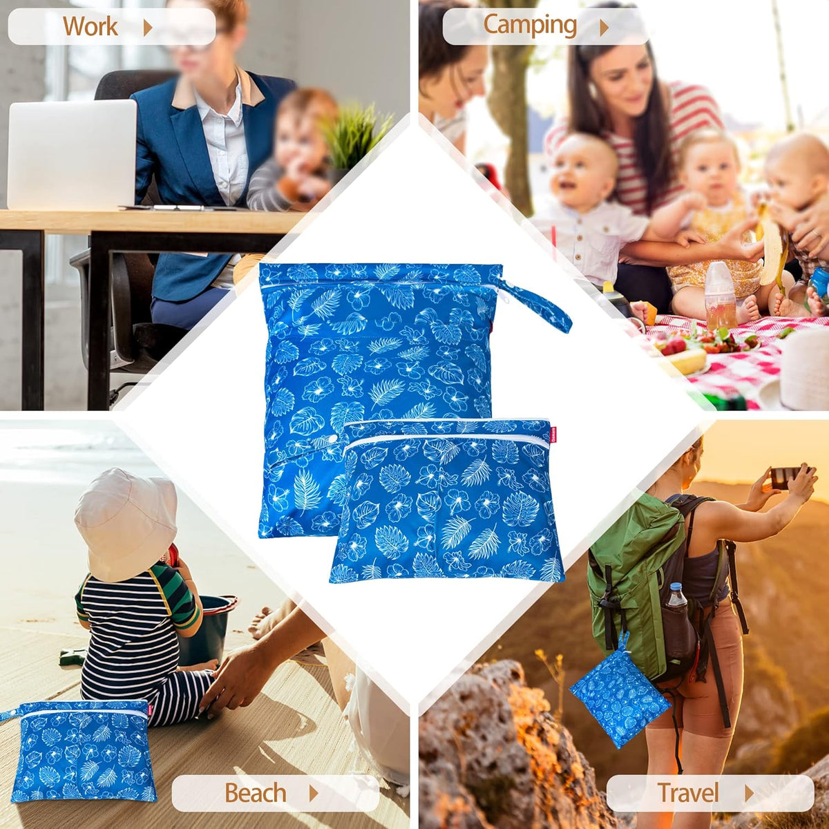 2 Pcs Wet Dry Bag for Cloth Diaper, Swimsuit, Clothes, Water-Resistant Reusable Wet Bag for Travel, Exercise, Beach, Pool, Daycare, Spiral Flowers