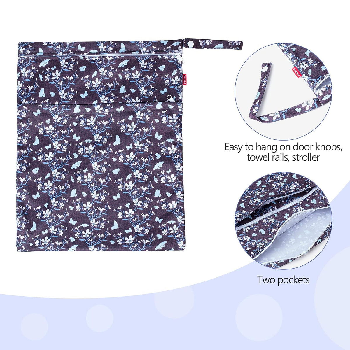 2 Pcs Wet Dry Bag for Cloth Diaper, Swimsuit, Clothes, Water-Resistant Reusable Wet Bag for Travel, Exercise, Beach, Pool, Daycare, Spiral Flowers