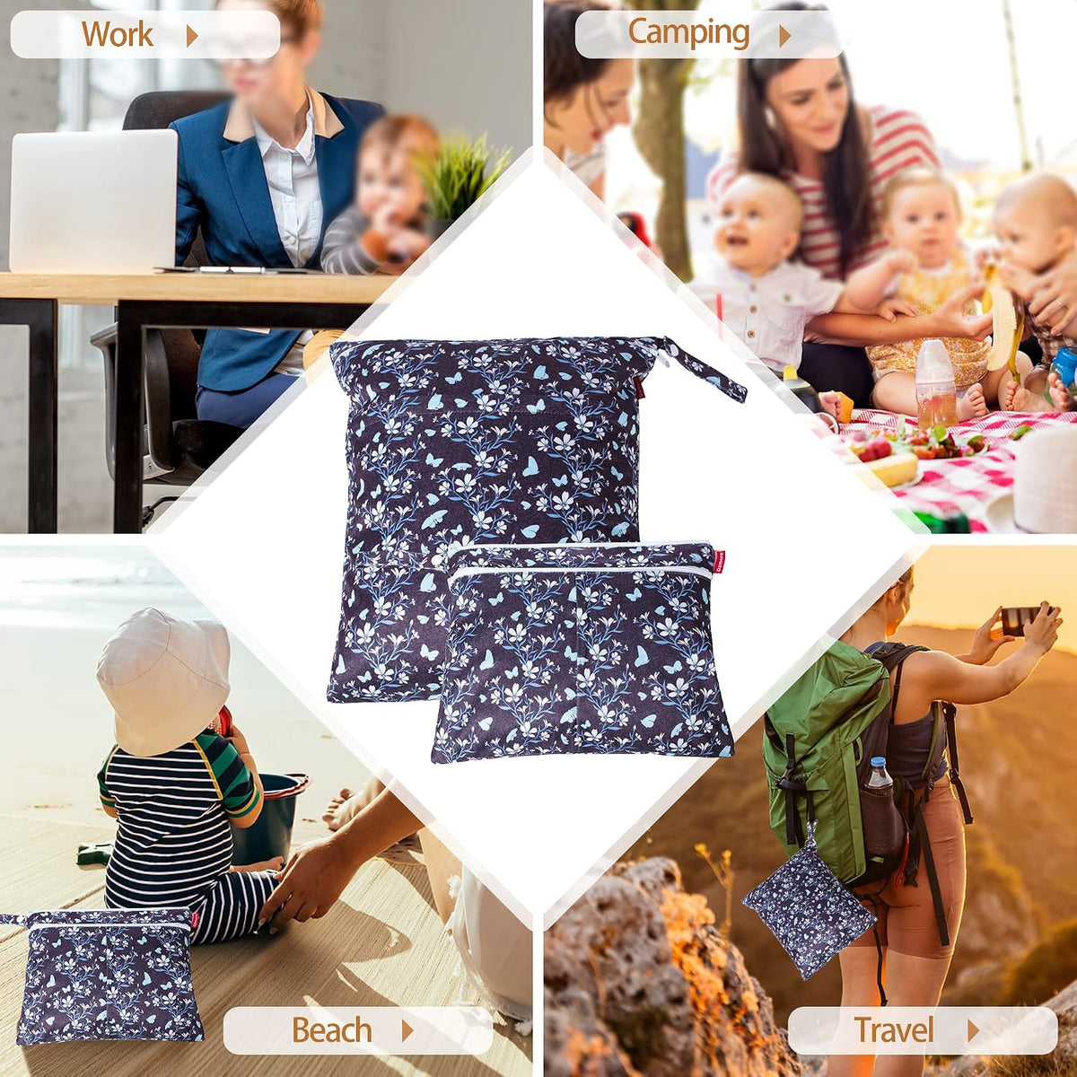 2 Pcs Wet Dry Bag for Cloth Diaper, Swimsuit, Clothes, Water-Resistant Reusable Wet Bag for Travel, Exercise, Beach, Pool, Daycare, Spiral Flowers