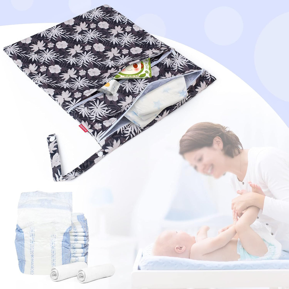 2 Pcs Wet Dry Bag for Cloth Diaper, Swimsuit, Clothes, Water-Resistant Reusable Wet Bag for Travel, Exercise, Beach, Pool, Daycare, Spiral Flowers